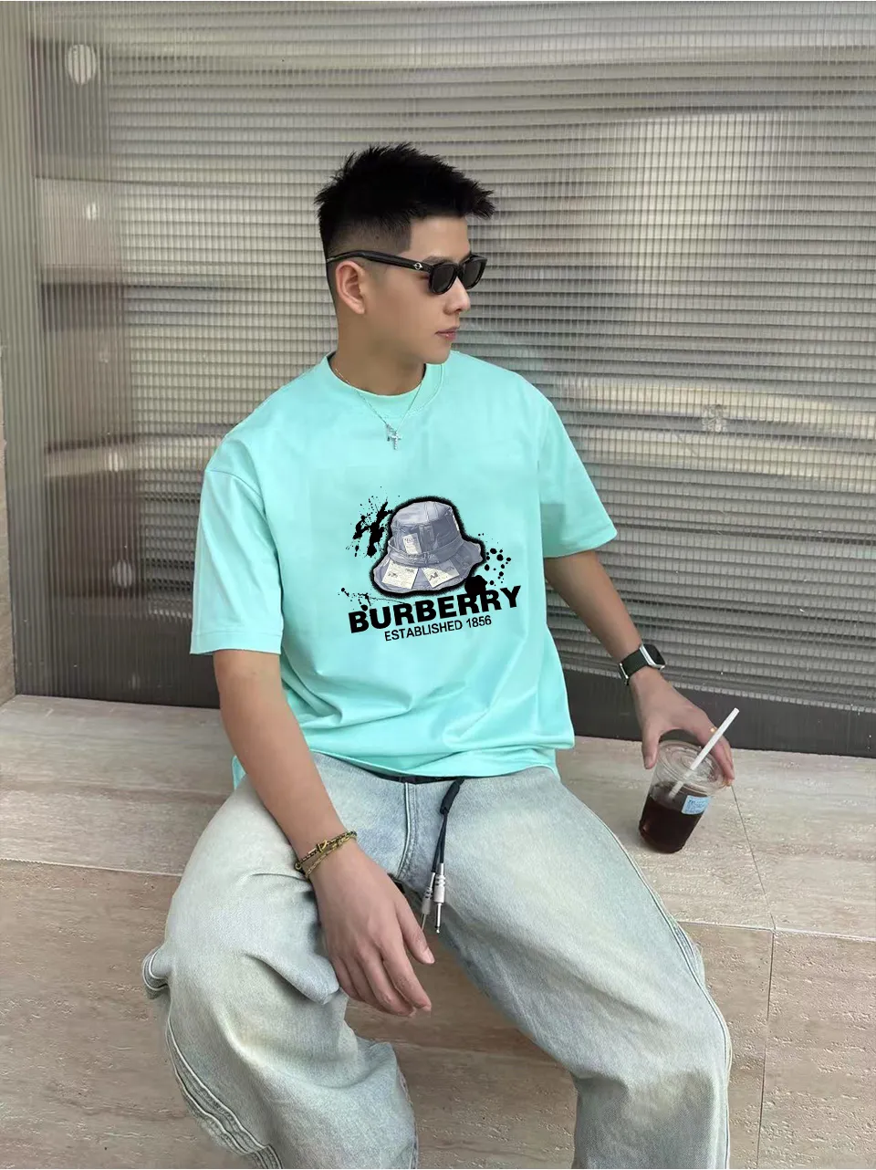 P80✨🔥 [Burberry] 2025FW short-sleeved T-shirt, printed logo Premium 26s double yarn 300g fabric, heavy fabric, custom stretcher rib, same vat and same dye, complete three labels, same style for men and women, Color: Black White Green Size: S M L XL 2XL